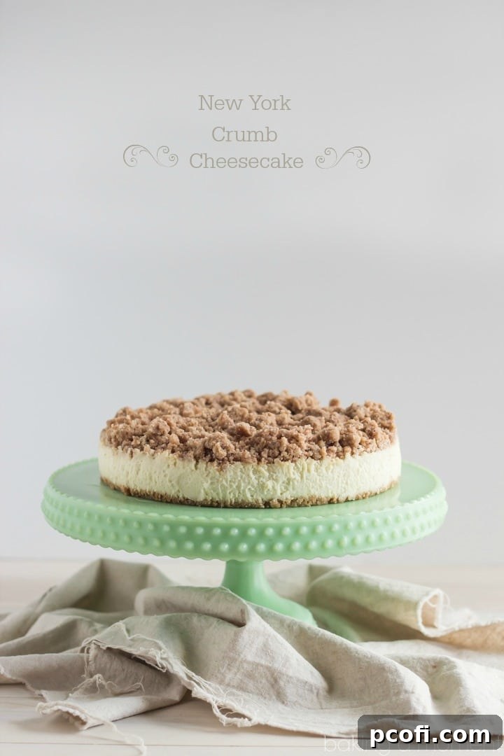 Close-up of a slice of New York Crumb Cheesecake, showcasing the creamy filling and a generous layer of spiced crumb topping.