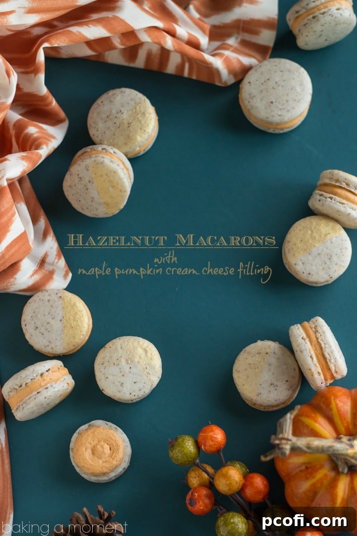 Perfectly crafted hazelnut macarons with a creamy pumpkin maple filling, an ideal sweet treat for autumn gatherings