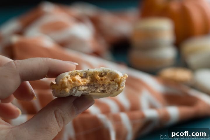 A close-up shot of the perfectly baked hazelnut macaron shells before filling, highlighting their delicate 'feet'