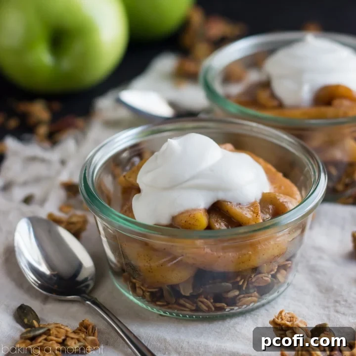 Golden homemade granola, spiced apples in maple glaze, and fluffy coconut cream create a stunning gluten-free and dairy-free fall dessert. No refined sugar needed!