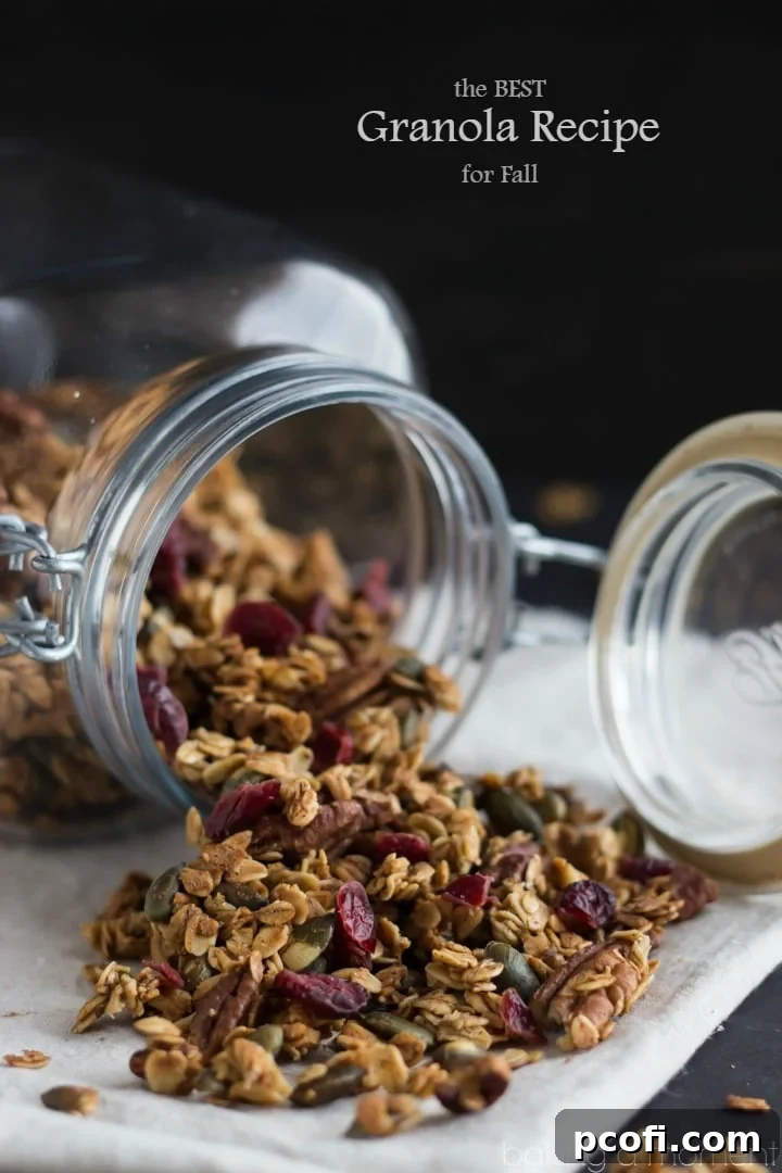 Close-up of hearty homemade granola with oats, cinnamon, ginger, toasted pepitas, and pecans – ideal for a fall breakfast or snack.