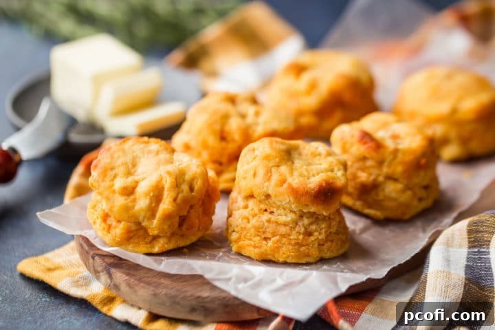 A pile of light and airy buttermilk sweet potato biscuits on a wooden surface, ready to be enjoyed with a hot beverage.