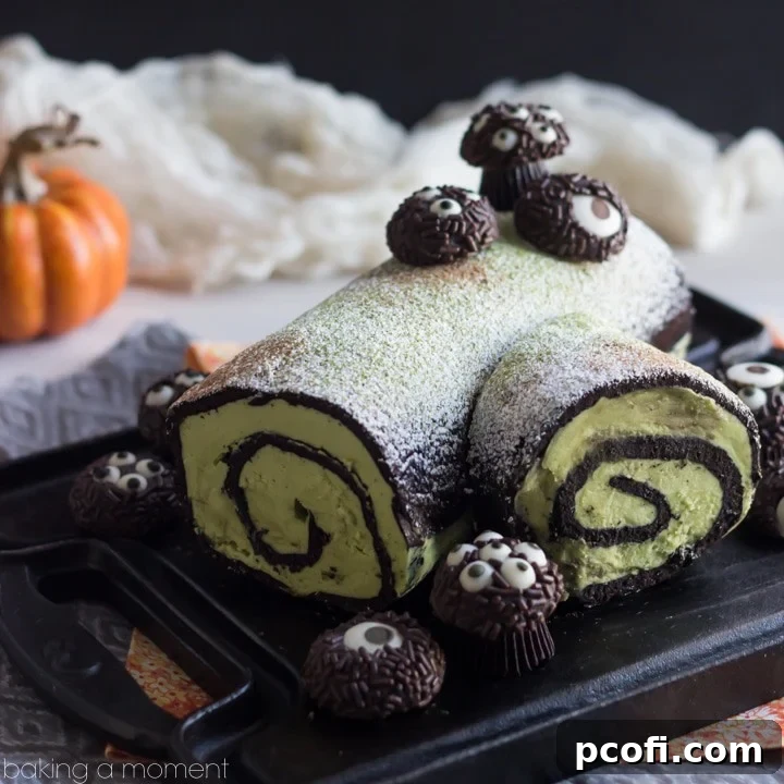 A perfectly rolled Dark Chocolate Matcha Ghoul Log, generously dusted with cocoa and powdered sugar, adorned with whimsical hairy spider cookies for a Halloween party.