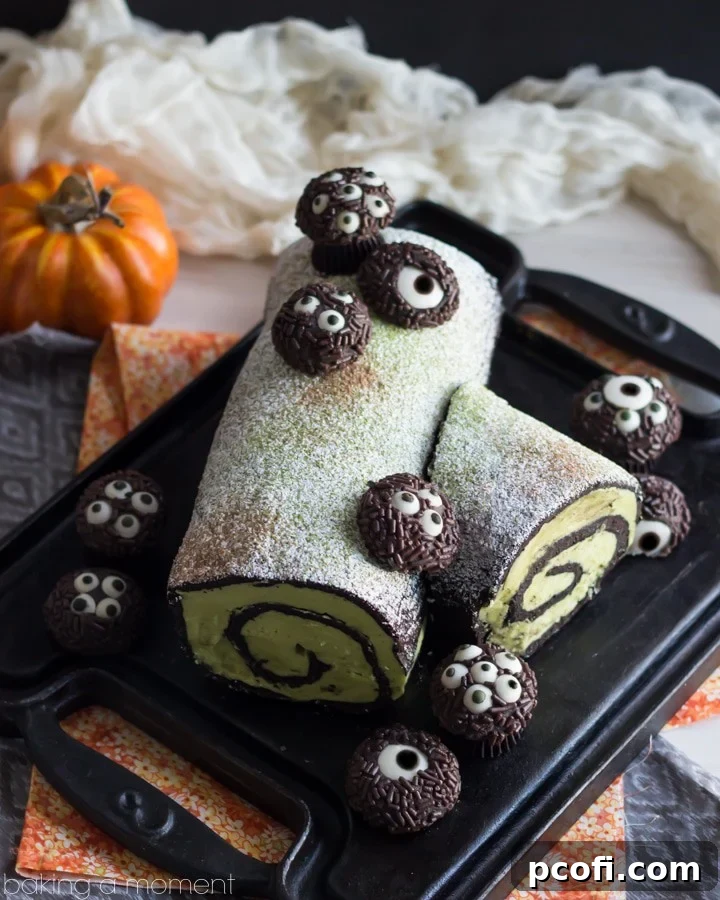 A close-up detail of the decorated Dark Chocolate Matcha Ghoul Log, showing the light dusting of powdered sugar and cocoa, highlighting the 