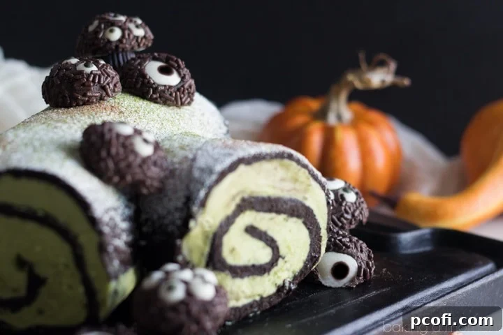 An overhead shot of the Dark Chocolate Matcha Ghoul Log, beautifully presented on a serving platter, inviting guests to enjoy this unique Halloween dessert.