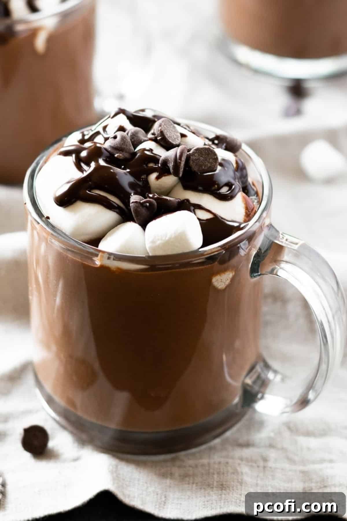 Rich hot chocolate topped generously with fluffy homemade marshmallows, chocolate syrup, and chocolate chips in a clear glass mug.