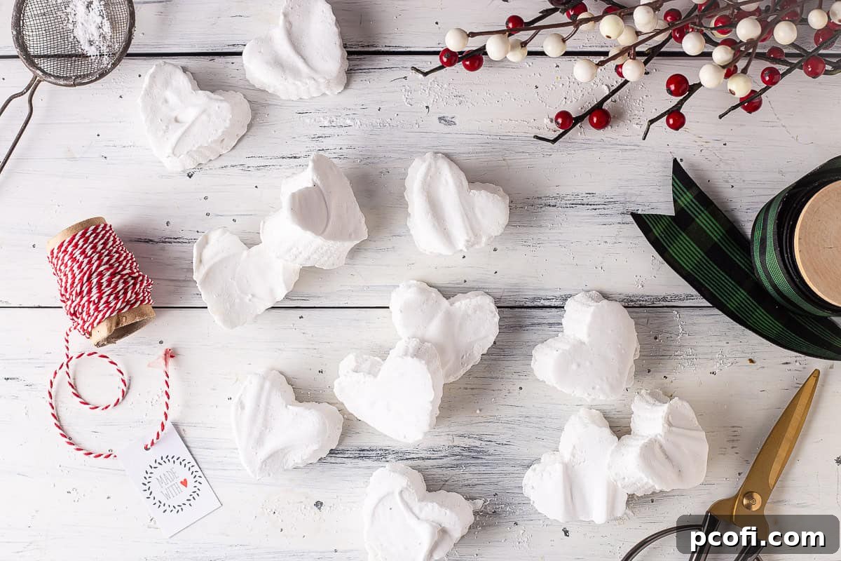 Close-up of heart-shaped homemade marshmallows dusted with powdered sugar on a table.