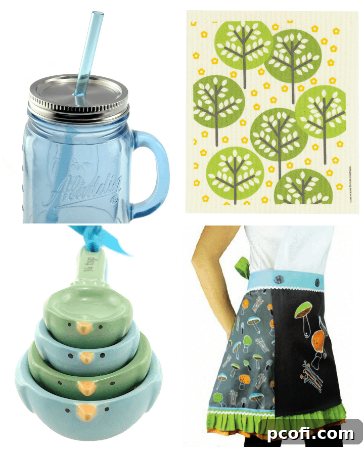 Creative Kitchen Gifts and Home Decor from Catching Fireflies: Insulated Mason Jar Tumbler, Swedish Dishcloth, Ceramic Bird Measuring Spoons, Mushroom Apron and Towel Set