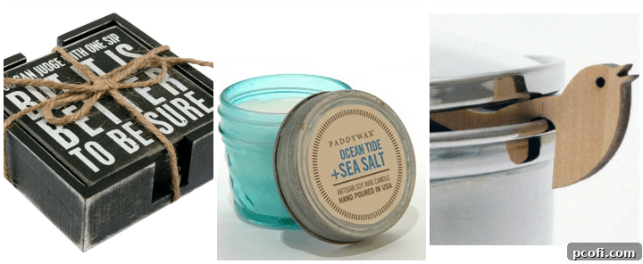 Creative Hostess Gift Ideas from Catching Fireflies: Wine Coaster Set, Soy Wax Candle, Bird Pot Guard