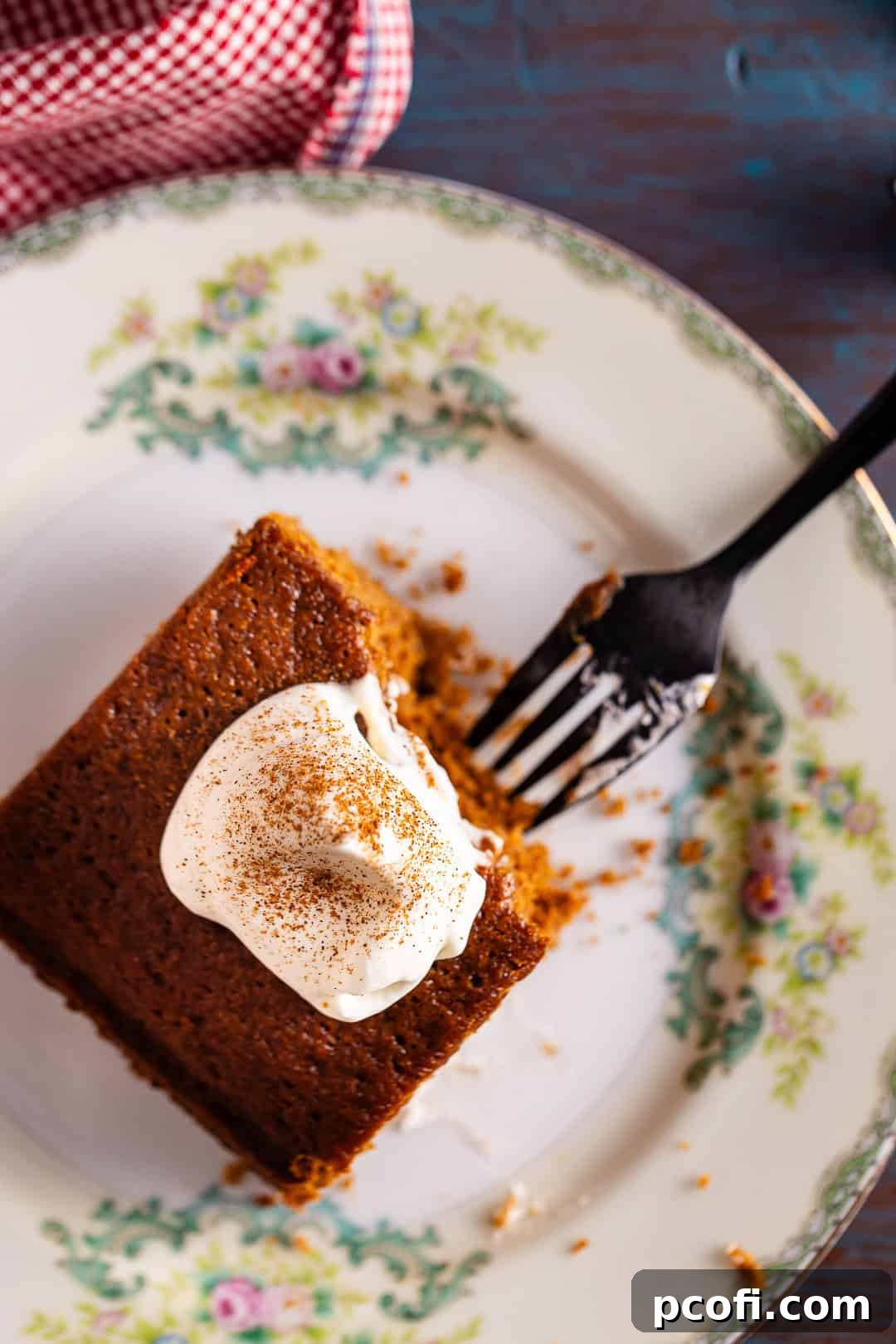 A close-up of a rustic slice of gingerbread cake, with a small bite removed, highlighting its tender crumb and rich, dark color, indicating a perfect bake and inviting taste.