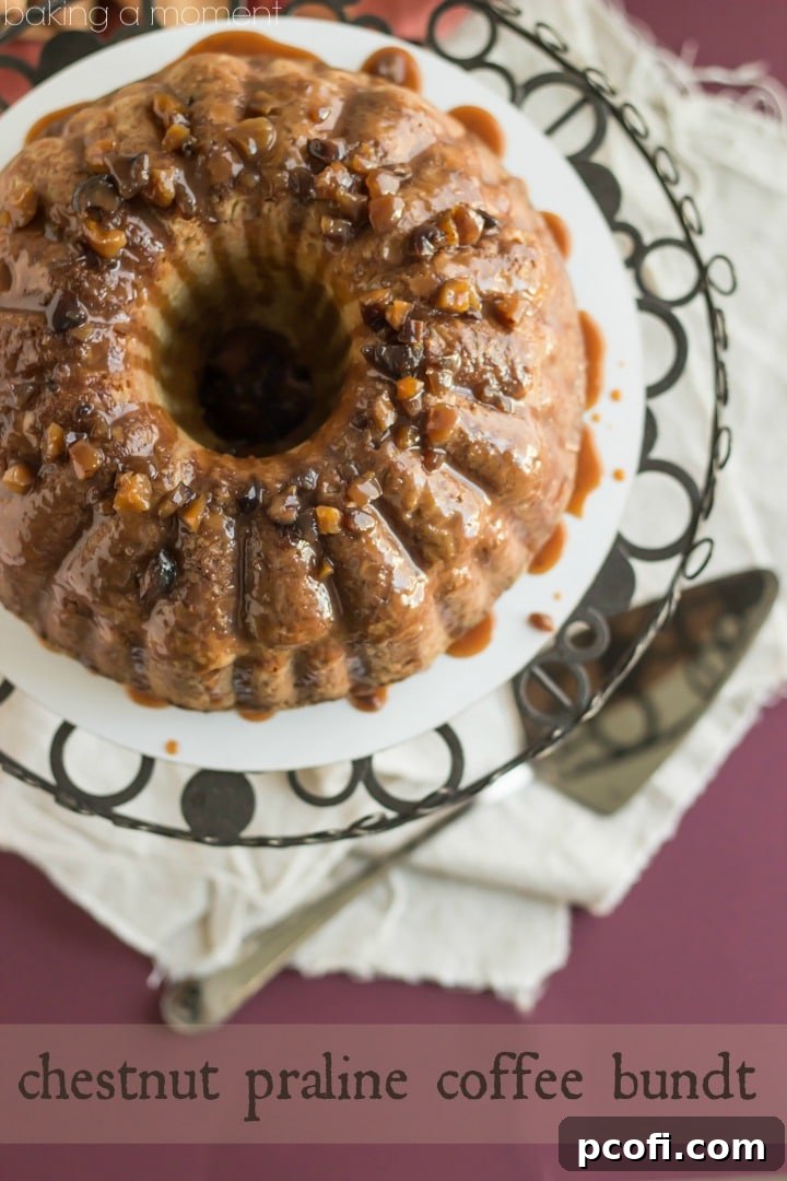 Close-up of a slice of Chestnut Praline Coffee Bundt Cake, showcasing the rich brown sugar coffee crumb and the glossy chestnut praline drizzle.