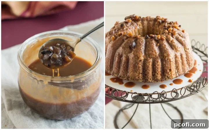 Overhead view of the decadent Chestnut Praline Coffee Bundt Cake, beautifully drizzled with the sweet, bourbon-infused praline sauce.