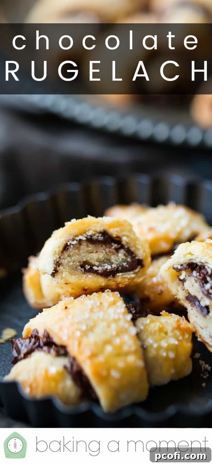 Close-up image of homemade chocolate rugelach, with a text overlay reading "Chocolate Rugelach."