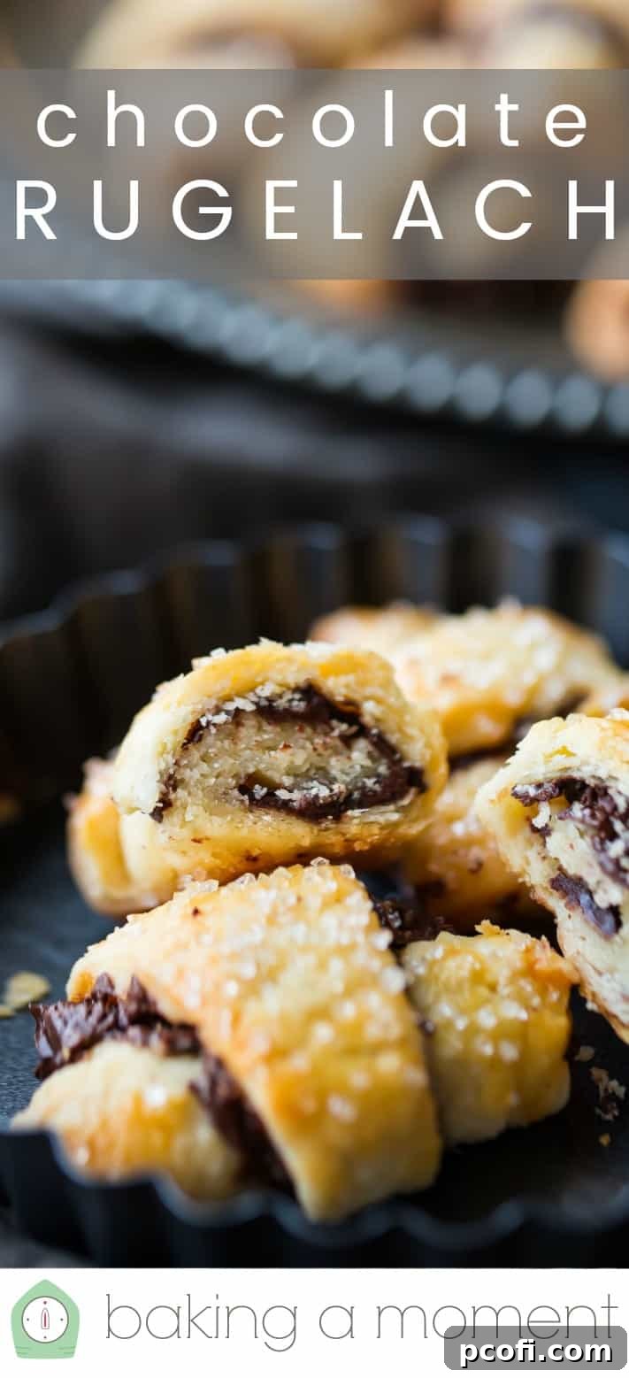 Close-up image of homemade chocolate rugelach, with a text overlay reading "Chocolate Rugelach."
