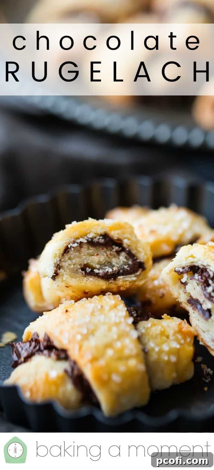 Close-up image of homemade chocolate rugelach, with a text overlay reading "Chocolate Rugelach."