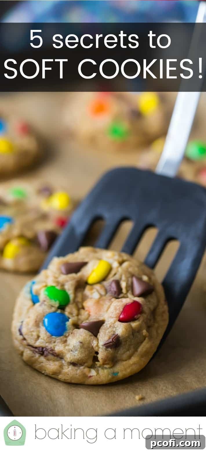 Lifting a freshly baked chocolate chip cookie off the tray with a spatula, showcasing its perfect golden-brown edges and soft, gooey center, with a text overlay reading "5 Secrets to Soft Cookies."