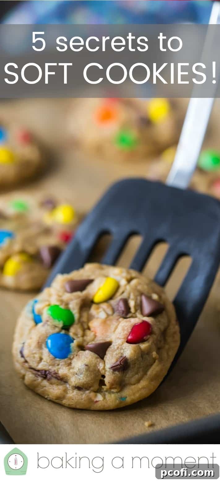 Close-up shot of a hand gently lifting a warm, soft cookie, highlighting its tender texture and slightly melted chocolate chips, with a text overlay reading "5 Secrets to Soft Cookies."
