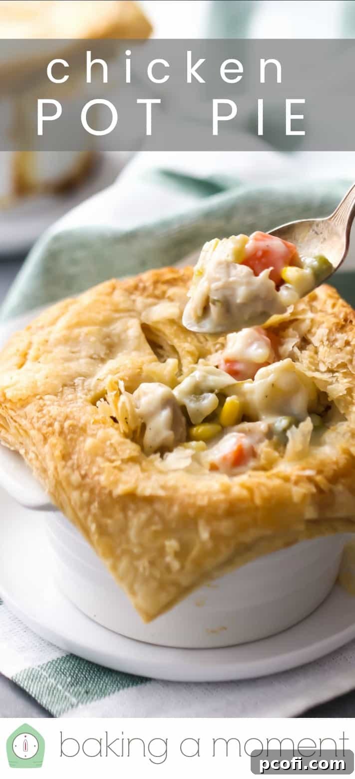 Detailed shot of a golden, flaky crust on a chicken pot pie, ready to be served.