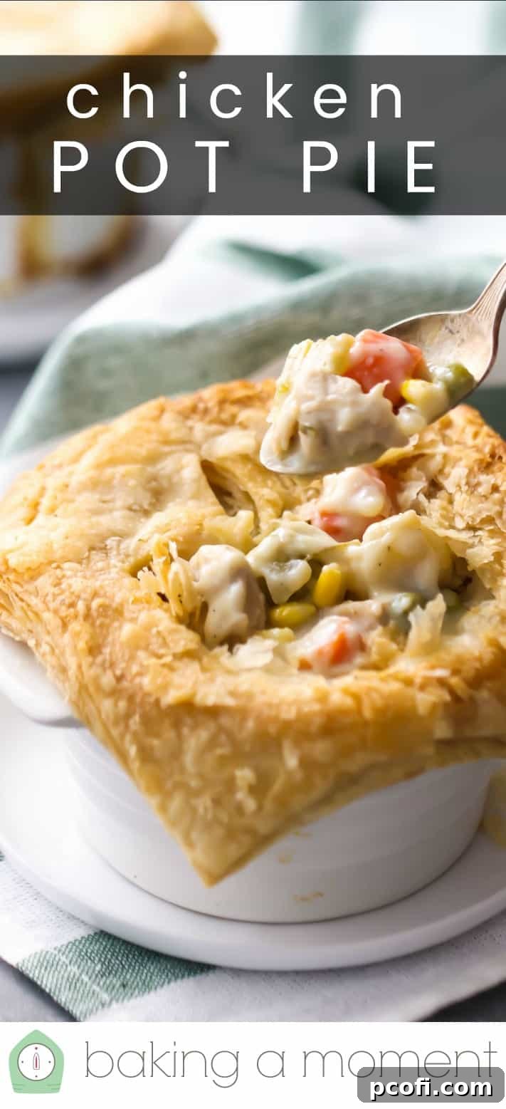 Close-up of the rich and creamy chicken and vegetable filling inside a pot pie before baking.