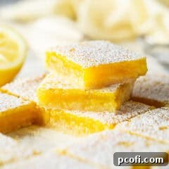 Lemon bars with powdered sugar on a plate