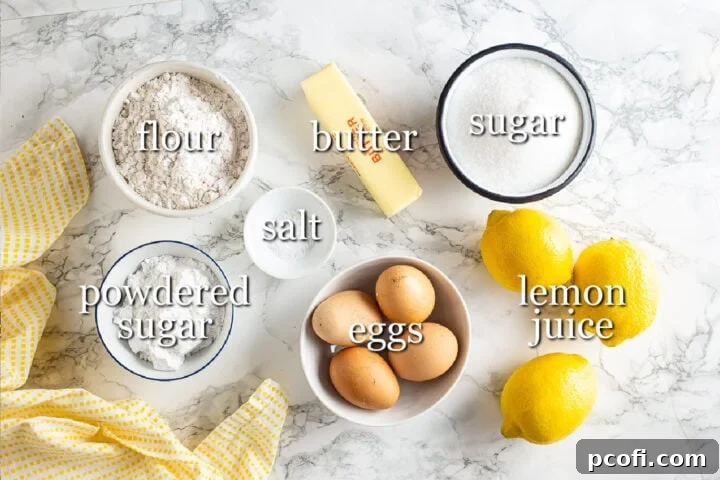 Ingredients for lemon bars recipe, with text labels.