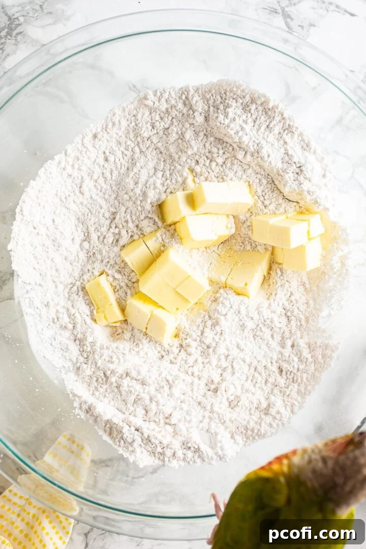 Adding cold, cubed butter to the dry crust ingredients.