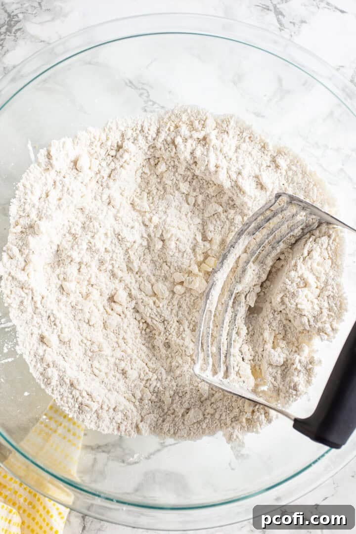 Cutting butter into flour mixture with a pastry blender.