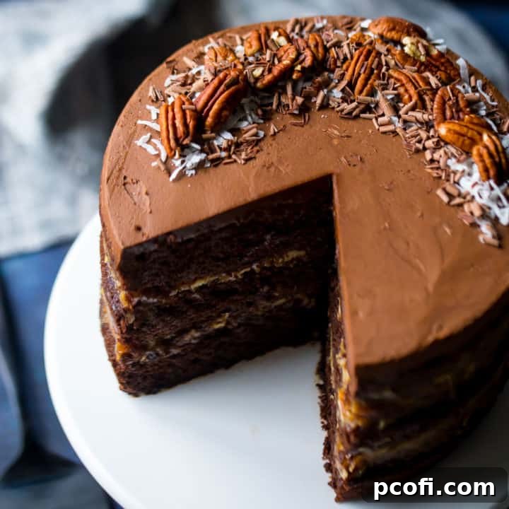 Best German Chocolate Cake Recipe: Layers of moist chocolate cake with buttery coconut pecan filling, topped with chocolate frosting. A perfect dessert for birthdays, holidays, and special occasions. Homemade, authentic, and delicious.
