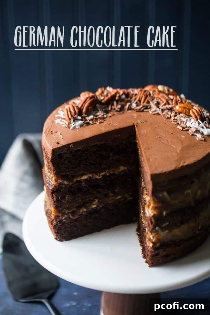 Traditional German Chocolate Cake Recipe: A close-up of a slice of layered chocolate cake with creamy coconut pecan filling and chocolate ganache topping. Ideal for celebrations.