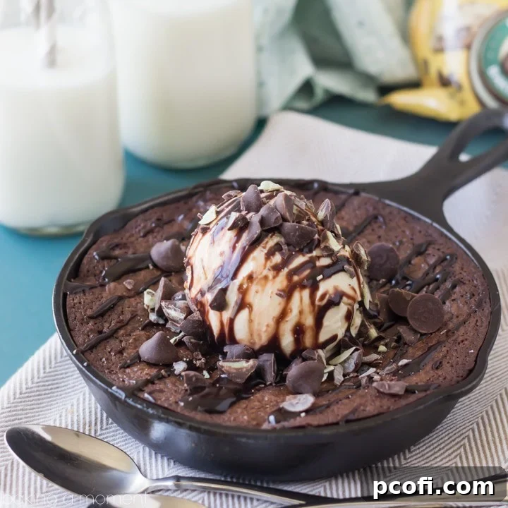 This chocolate mint skillet brownie is incredibly rich, fudgy, and bursting with festive mint flavor. It’s baked in one pan and perfect for sharing, especially with a scoop of vanilla ice cream.