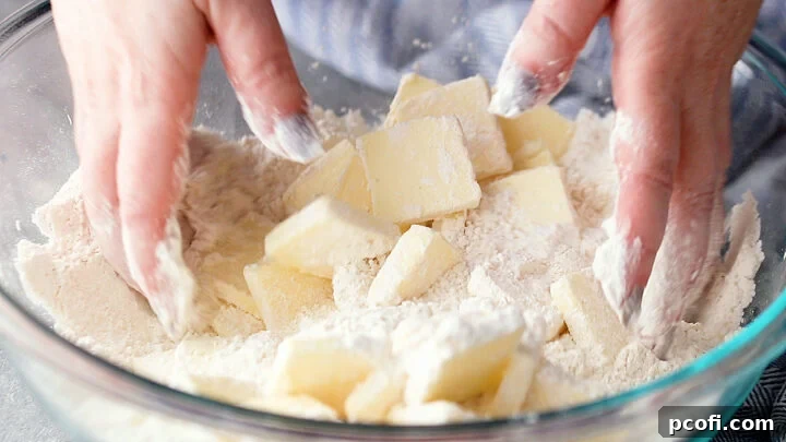 Tossing sliced butter in the dry ingredients to coat.