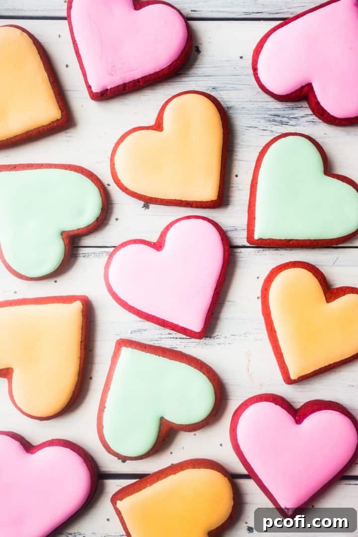 Frosted Red Velvet Cookies - various decoration ideas including conversation heart royal icing.