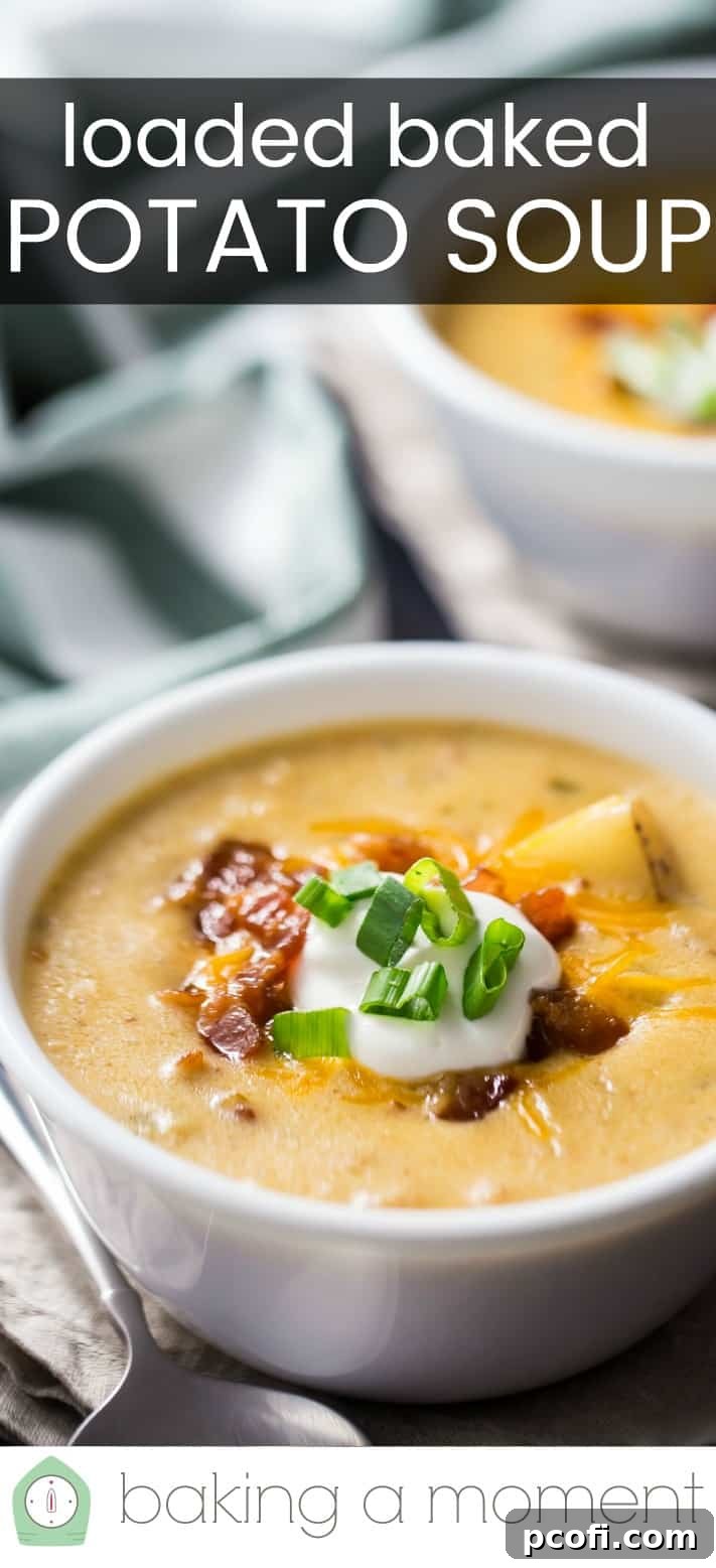 Close-up image of a bowl of rich, creamy loaded baked potato soup, garnished with crispy bacon, green onions, and shredded cheese.