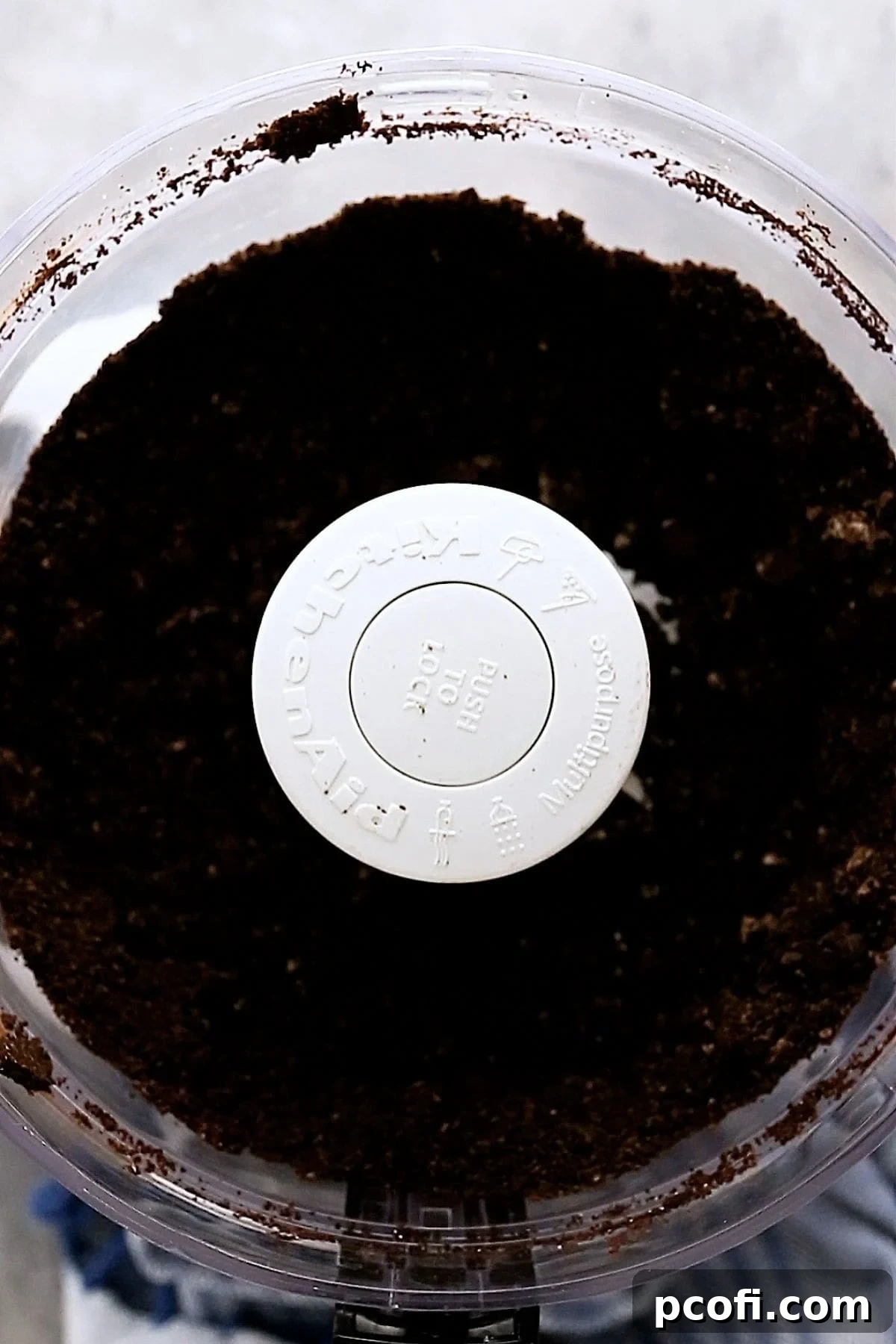 Finely crushed Oreo cookie crumbs, resembling dark sand, ready for mixing with cream cheese to form the truffle base.