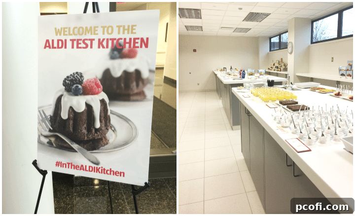 Behind the scenes at Aldi's test kitchens, featuring various food products and a glimpse into their quality testing process. A collage of images from the #inthealdikitchen and #aldiholiday event.