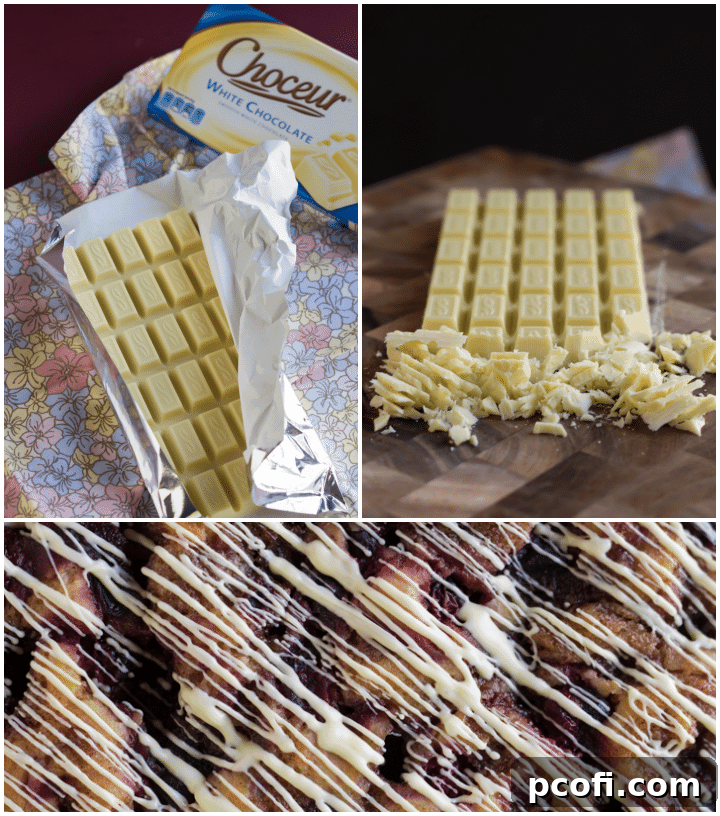 A close-up shot of the white chocolate drizzle cascading over the Cranberry Cinnamon Coffee Cake, emphasizing its smooth texture and appetizing appeal. Showcasing the quality of Aldi's Choceur white chocolate.