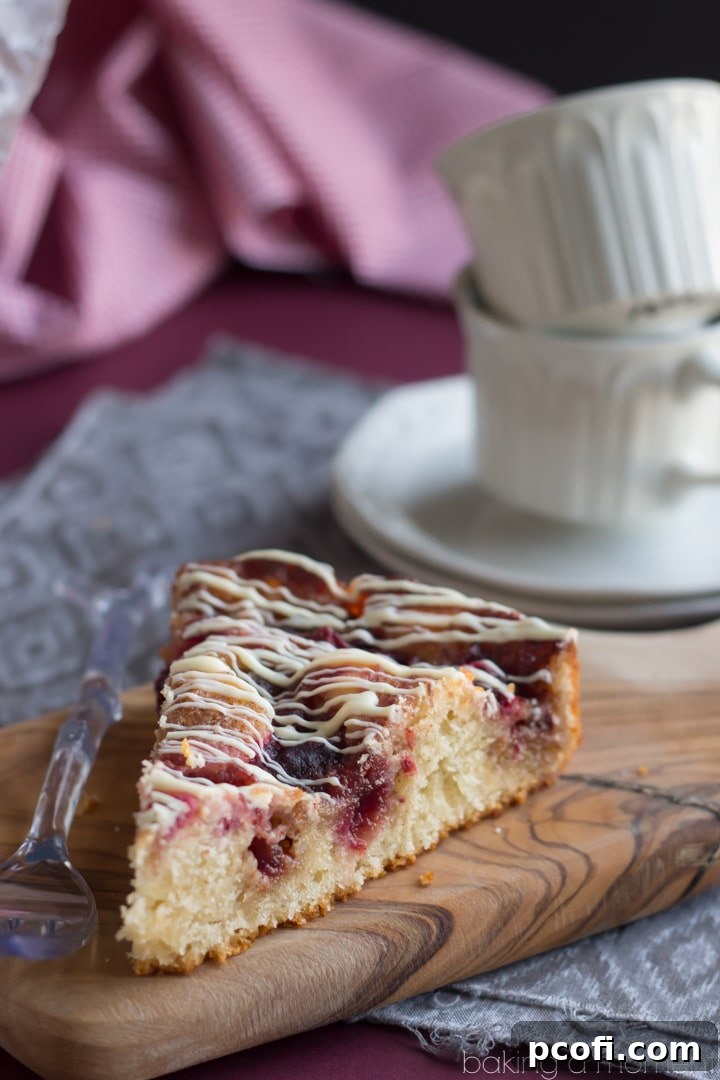 A slice of Cranberry Cinnamon Coffee Cake on a plate, showing the moist interior, cranberry swirls, and generous white chocolate drizzle. A comforting and easy breakfast for festive occasions, especially appealing with holiday leftovers.