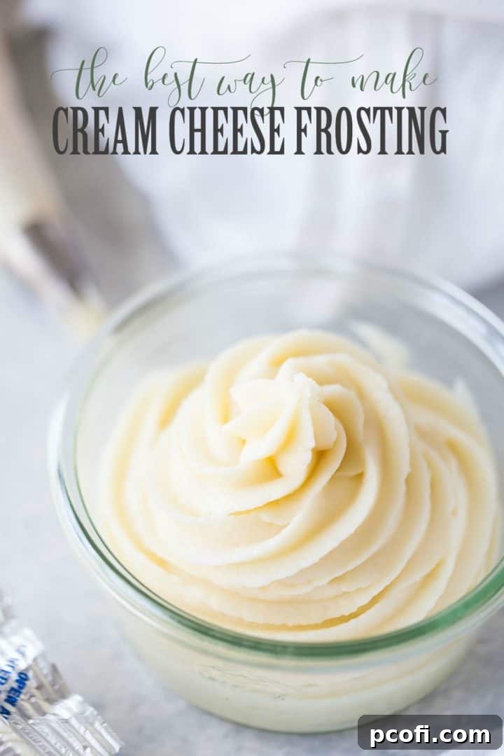 Small glass bowl containing cream cheese frosting piped in a swirl with a star tip, with a text overlay that reads "best way to make cream cheese frosting."