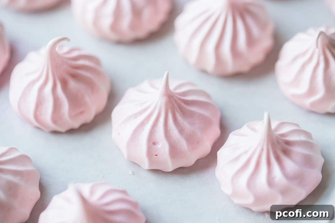 Light pink baked meringue kisses on a parchment-lined baking sheet, perfectly crisp and unbrowned.