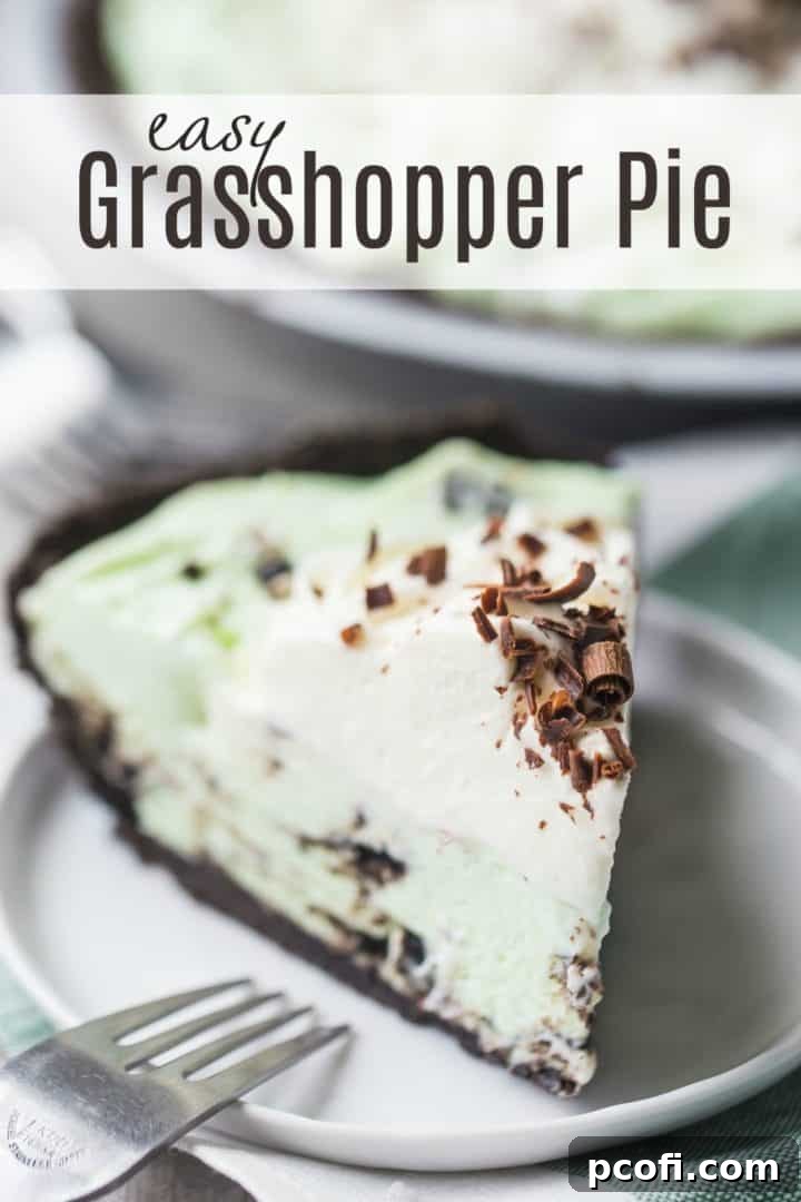 A slice of grasshopper pie with a text overlay reading "Easy Grasshopper Pie."
