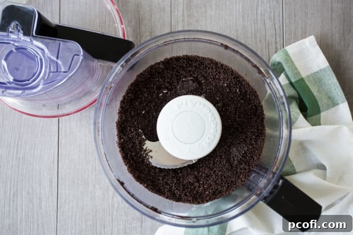 Oreo crumbs ground finely in a food processor.