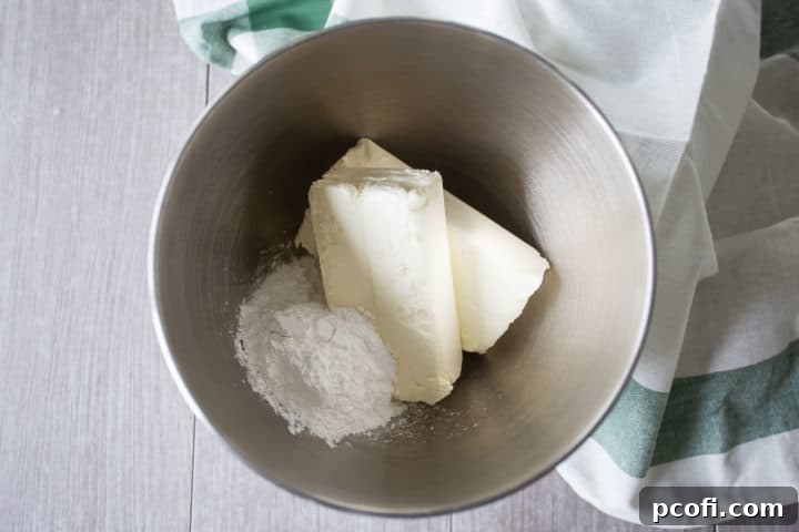 Cream cheese and powdered sugar in a large mixing bowl.