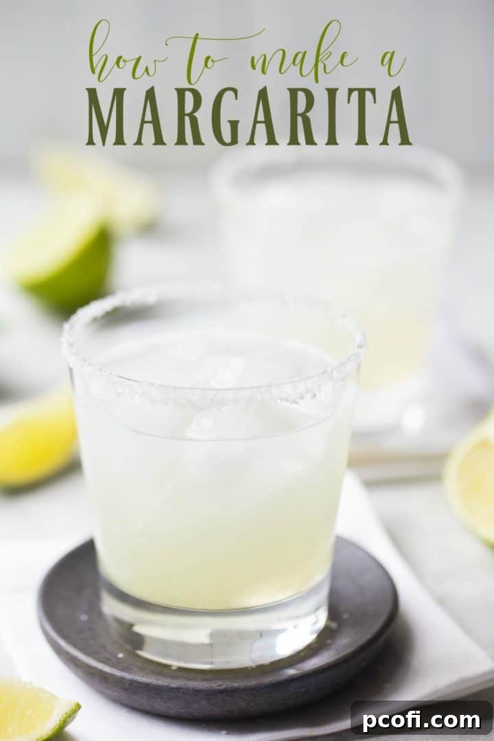 Two frosty margaritas in rocks glasses with salted rims, ready to be enjoyed, with a text overlay proclaiming "How to make a Margarita."
