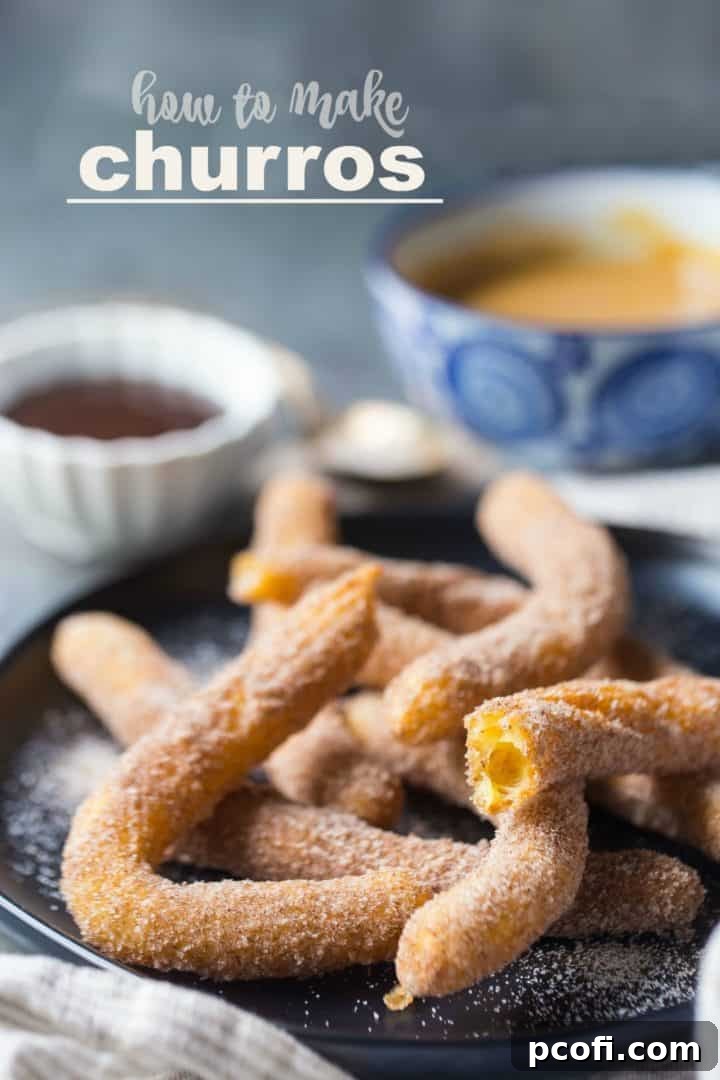Freshly fried homemade churros, generously coated in glistening cinnamon sugar, arranged on a rustic plate, with a text overlay highlighting 'How to Make Churros' to guide the reader.