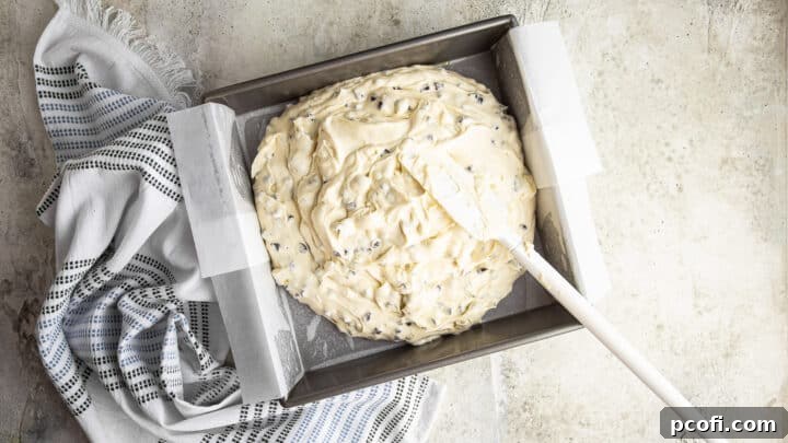 Chocolate chip cake batter dolloped in a parchment-lined square pan.