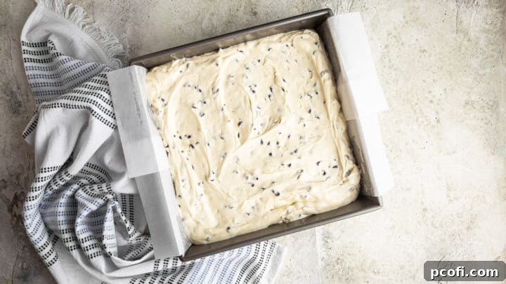 Chocolate chip cake batter smoothed to an even layer in a square baking pan.