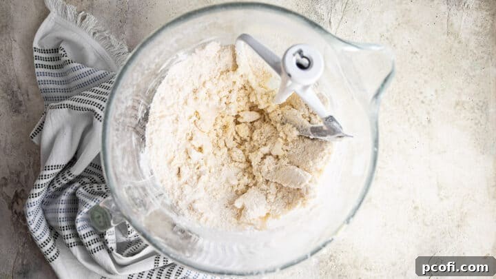 Butter and dry ingredients mixed together in a large bowl.