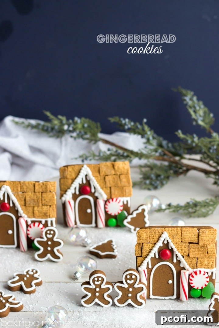 A collection of festive gingerbread cookie facades, intricately decorated with royal icing and holiday candies.