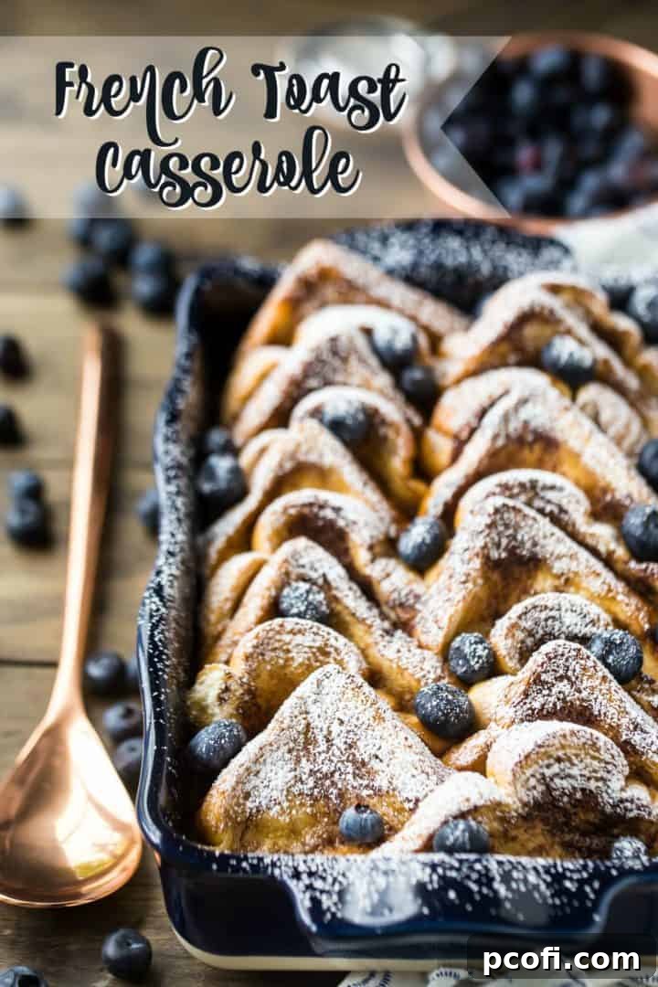 Baked French toast in a blue dish, with a text overlay reading "French Toast Casserole."