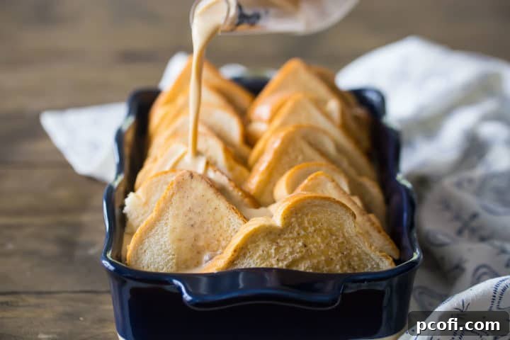 Pouring custard over bread for French toast casserole.